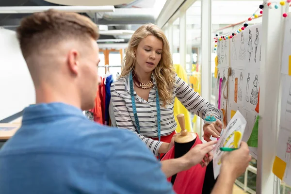 Side View Caucasian Fashion Designers Discussing Sketch Design Studio — Stock Photo, Image