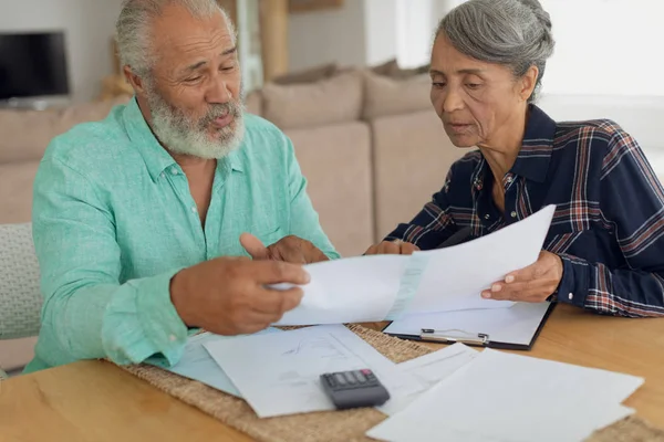 Front View Concerned African American Couple Doing Finances Table Indoor — Stock Photo, Image