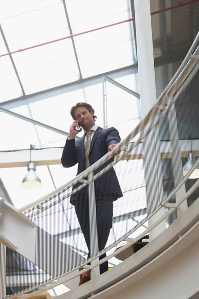 Low Angle View Handsome Caucasian Businessman Talking Mobile Phone Conference — Stock Photo, Image