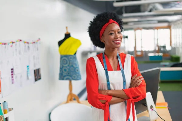 Portrait Happy Beautiful Mixed Race Female Fashion Designer Standing Arms — Stock Photo, Image