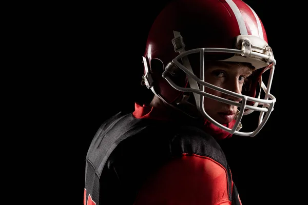 Close Jogador Futebol Americano Capacete Contra Fundo Preto — Fotografia de Stock