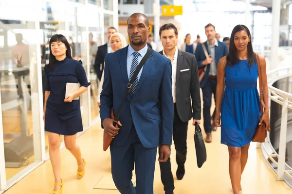 Front View Diverse Business People Walking Together Corridor Office — Stock Photo, Image