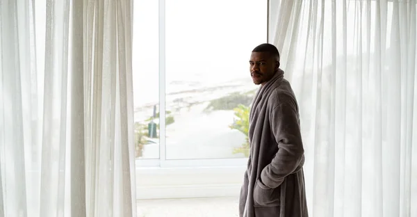 Side View African American Man Bathrobe Looking Camera While Standing — Stock Photo, Image