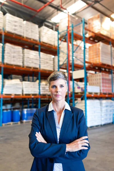 Retrato Cerca Hermosa Madura Mujer Caucásica Manager Pie Con Brazo —  Fotos de Stock