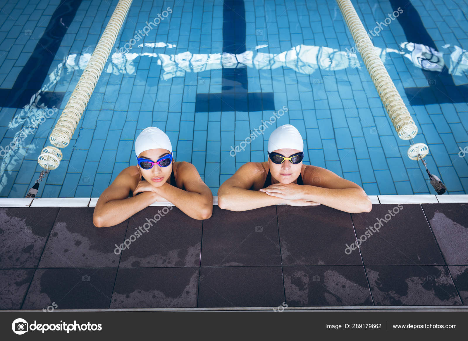 Front View Young Diverse Women Wearing Swimsuit Swimming Goggles