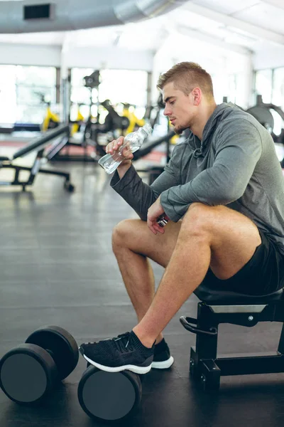 Side View Young Fit Caucasian Male Athletic Drinking Water While — Stock Photo, Image