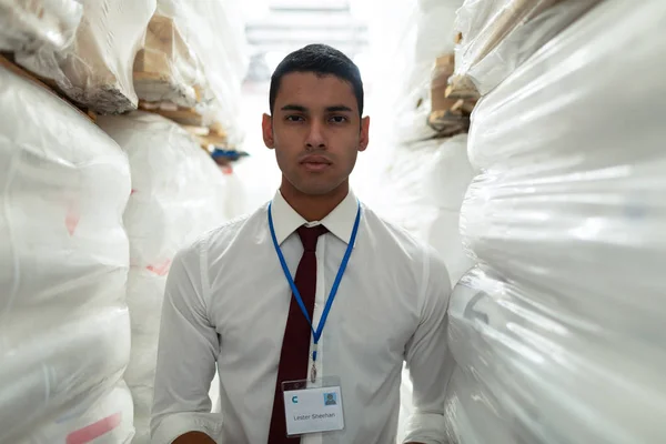 Portrait Handsome Young Male Supervisor Looking Camera Warehouse — Stock fotografie