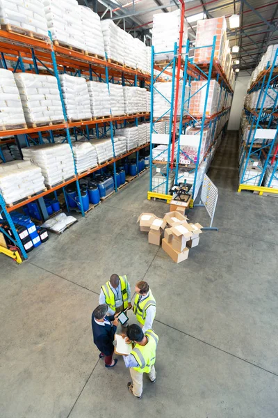 High Angle View Diverse Warehouse Staff Discussing Digital Tablet Warehouse — Stock Photo, Image