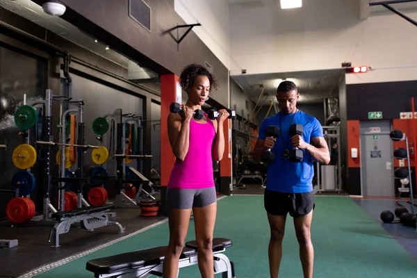 Front View African American Woman Man Standing While Using Dumbbells — Stock Photo, Image