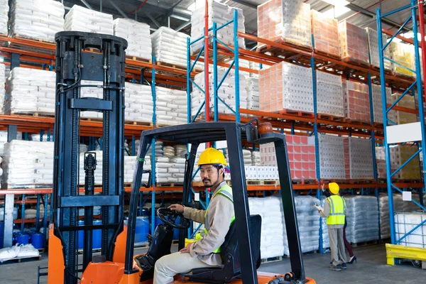 Side View Handsome Mature Asian Male Worker Sitting Forklift Looking — Stock Photo, Image