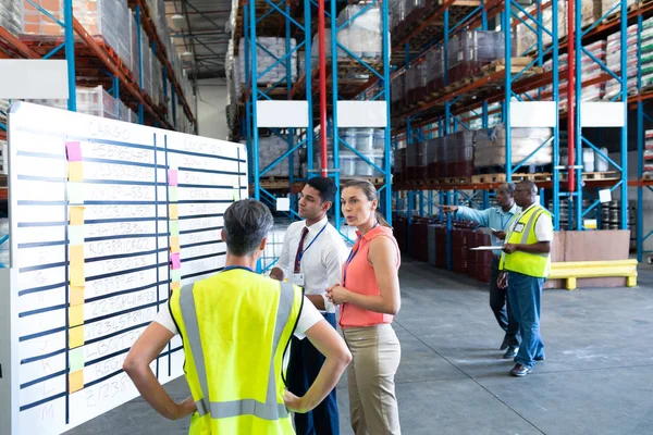 Front View Diverse Warehouse Staffs Interacting Each Other Warehouse — Stock Photo, Image