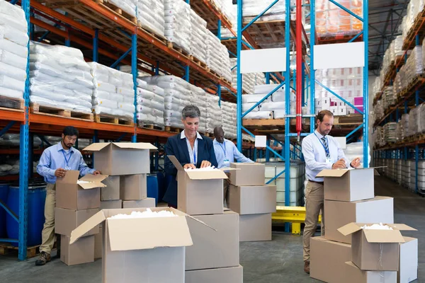 Front View Diverse Mature Staff Checking Stocks Warehouse Standing Front — Stock Photo, Image