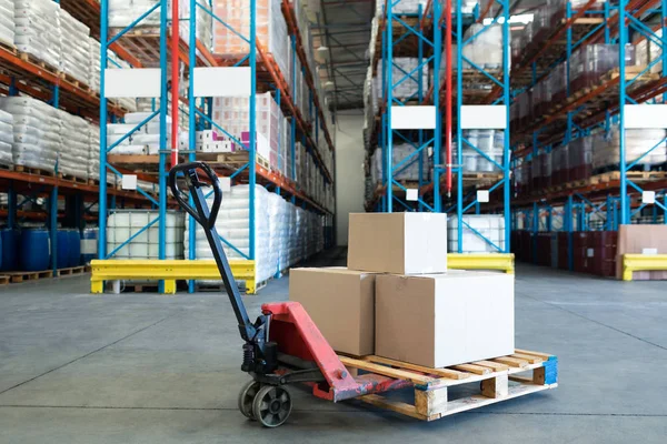 Cardboard Boxes Arranged Pallet Jack Warehouse — Stock Photo, Image