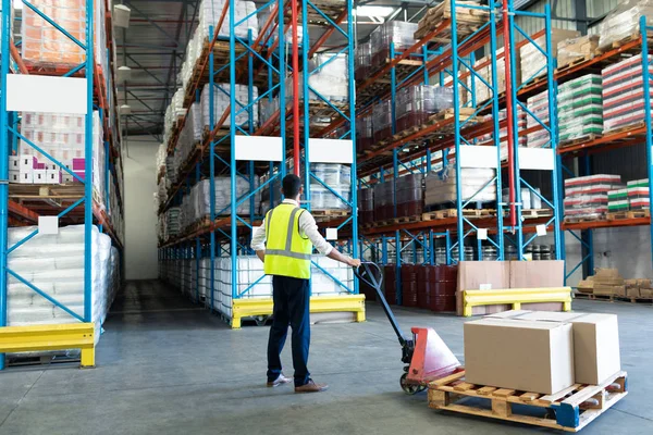 Rear View Male Staff Using Pallet Jack Warehouse — Stock Photo, Image