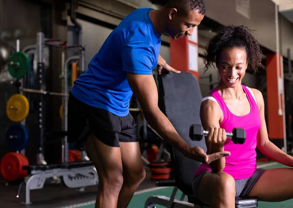 Front View African American Woman Holding Dumbbell African American Man — Stock Photo, Image
