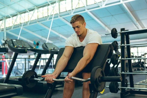 Front View Handsome Fit Young Caucasian Male Athletic Exercising Barbell — Stock Photo, Image