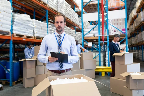 Front View Handsome Caucasian Male Supervisor Checking Stocks Looking Camera — Stock Photo, Image