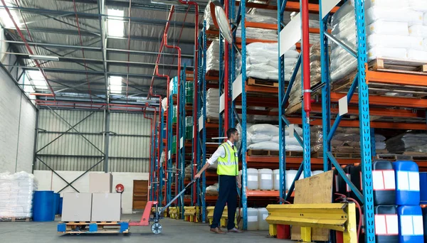 Vista Laterale Del Giovane Personale Maschile Con Presa Pallet Magazzino — Foto Stock