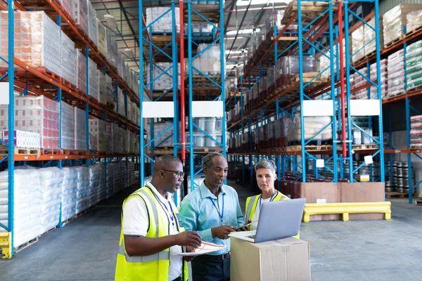 Vista Frontal Diversos Empleados Maduros Del Almacén Que Discuten Sobre — Foto de Stock