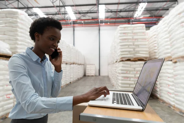 Вид Сбоку Женщины Менеджера Разговаривающей Мобильному Телефону Используя Ноутбук Рабочим — стоковое фото