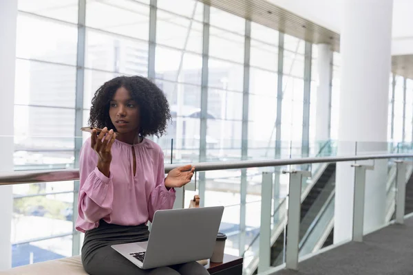 Front View Young African American Businesswoman Working Modern Office Sitting — Stock Photo, Image