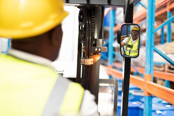 African American Male Staff Driving Forklift Warehouse — Stock Photo, Image