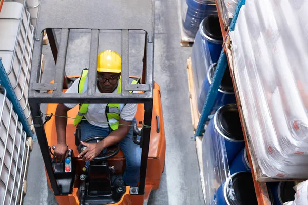 High Angle View Male Staff Driving Forklift Warehouse — Stock Photo, Image