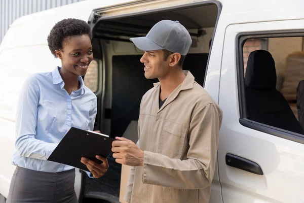 Happy Delivery Man Warehouse Manager Talking Each Other Warehouse — Stock Photo, Image