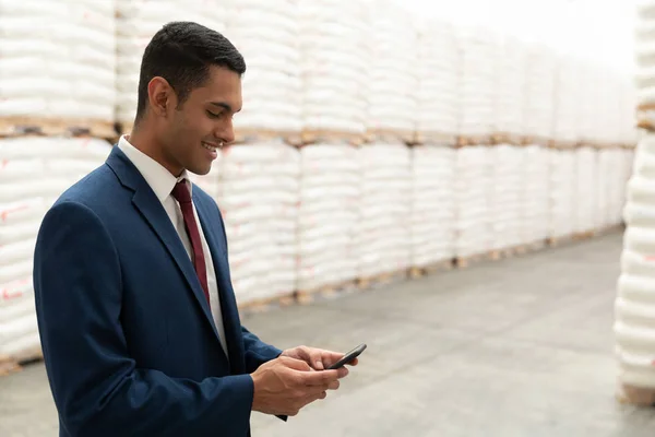 Vista Lateral Del Hombre Negocios Utilizando Teléfono Móvil Almacén — Foto de Stock