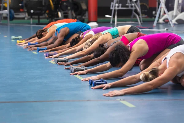 Side View Diverse Fit People Performing Yoga Together Fitness Center — Stock Photo, Image
