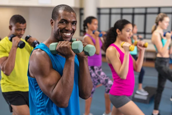 Portrait African American Male Athletic Exercising Dumbbells Fitness Center — Stockfoto