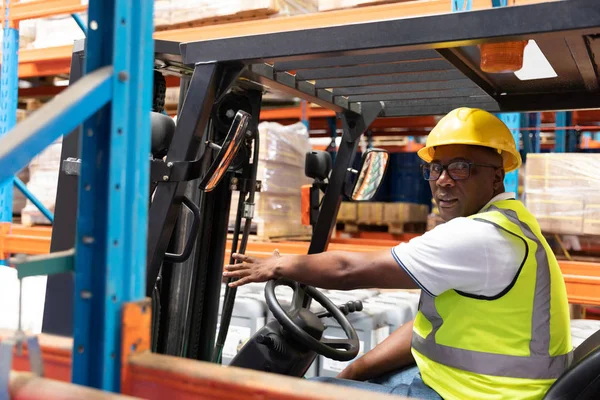Portrait Male Staff Driving Forklift Warehouse — Stock Photo, Image