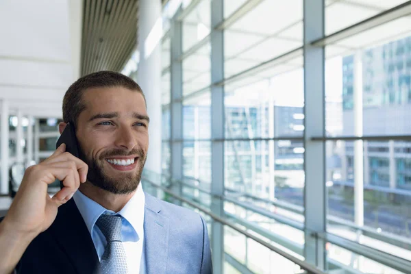 Front View Portrait Smiling Young Caucasian Businessman Talking Smartphone Standing — Stock Photo, Image