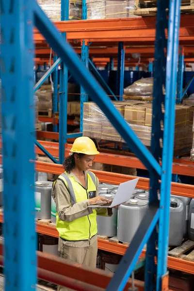 Vue Latérale Travailleur Féminin Travaillant Sur Ordinateur Portable Dans Entrepôt — Photo