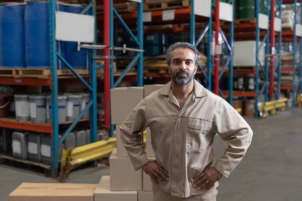 Portret Van Mannelijke Staf Staande Met Handen Hip Magazijn — Stockfoto