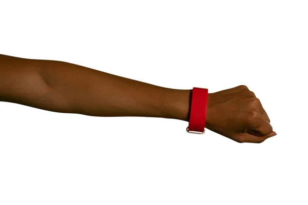 Close Outstretched Arm Woman Fist Clenched Wearing Red Wristband — Stock Photo, Image