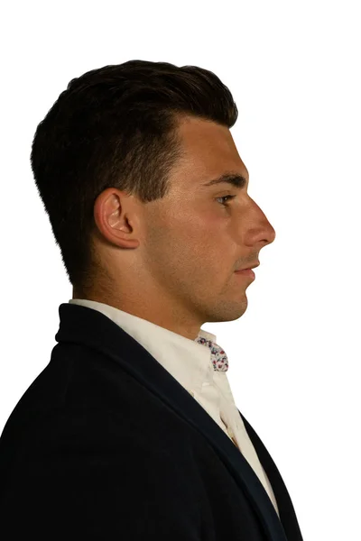 Side View Close Young Caucasian Businessman Wearing Black Jacket White — Stock Photo, Image