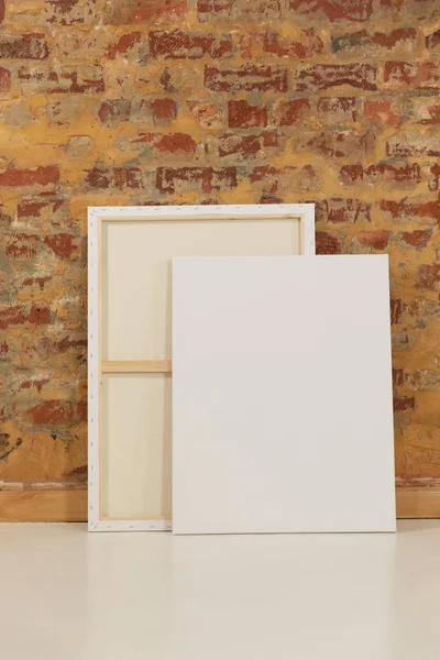 Two Blank Canvases Leaning Brick Wall — Stock Photo, Image