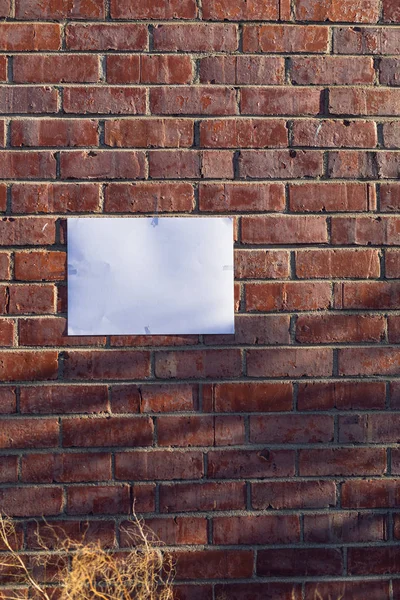 Close Van Een Blanco Teken Hangend Aan Een Rode Bakstenen — Stockfoto