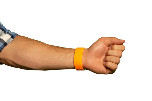 Close Van Arm Van Man Met Een Oranje Polsbandje Handpalm — Stockfoto