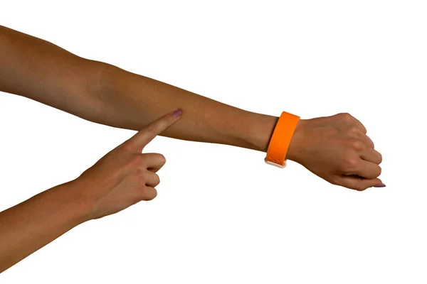 Close Woman Wearing Violet Nail Polish Orange Rubber Wristband Pointing — Stock Photo, Image