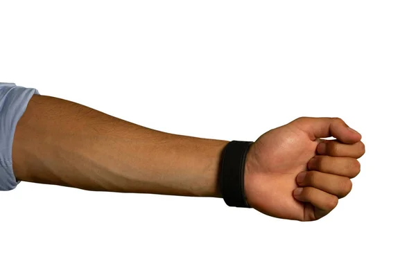 Close Outstretched Arm Man Hand Palm Fist Clenched Wearing Black — Stock Photo, Image