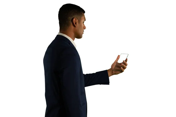 Side View Close Young Mixed Race Businessman Wearing Black Jacket — Stock Photo, Image