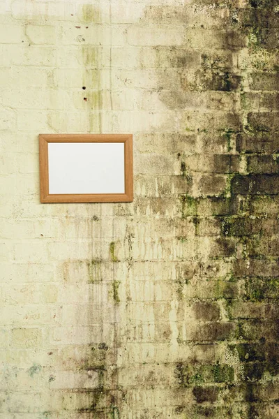 Close Framed Blank Picture Hanging Stained Brick Wall — Stock Photo, Image