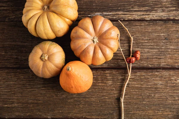 Autunno Posa Piatta Con Zucche Sul Tavolo Legno — Foto Stock