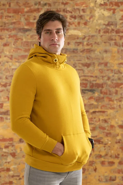 Front View Close Young Caucasian Man Wearing Yellow Hooded Top — Stock Photo, Image