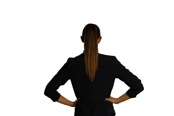 Close Back View Young Businesswoman Long Hair Ponytail Wearing Black — Stock Photo, Image