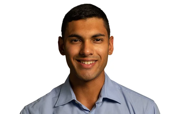 Retrato Close Jovem Mestiço Vestindo Uma Camisa Azul Olhando Para — Fotografia de Stock