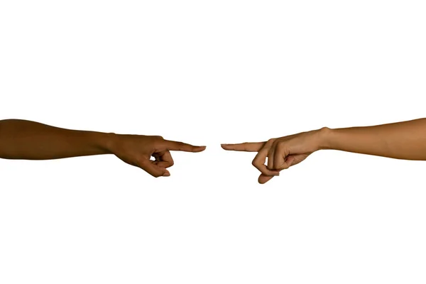 两个妇女手臂的特写 双手相互伸出 手指伸出指点或触摸 — 图库照片