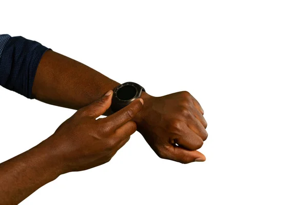 Fechar Mãos Braços Homem Usando Smartwatch — Fotografia de Stock